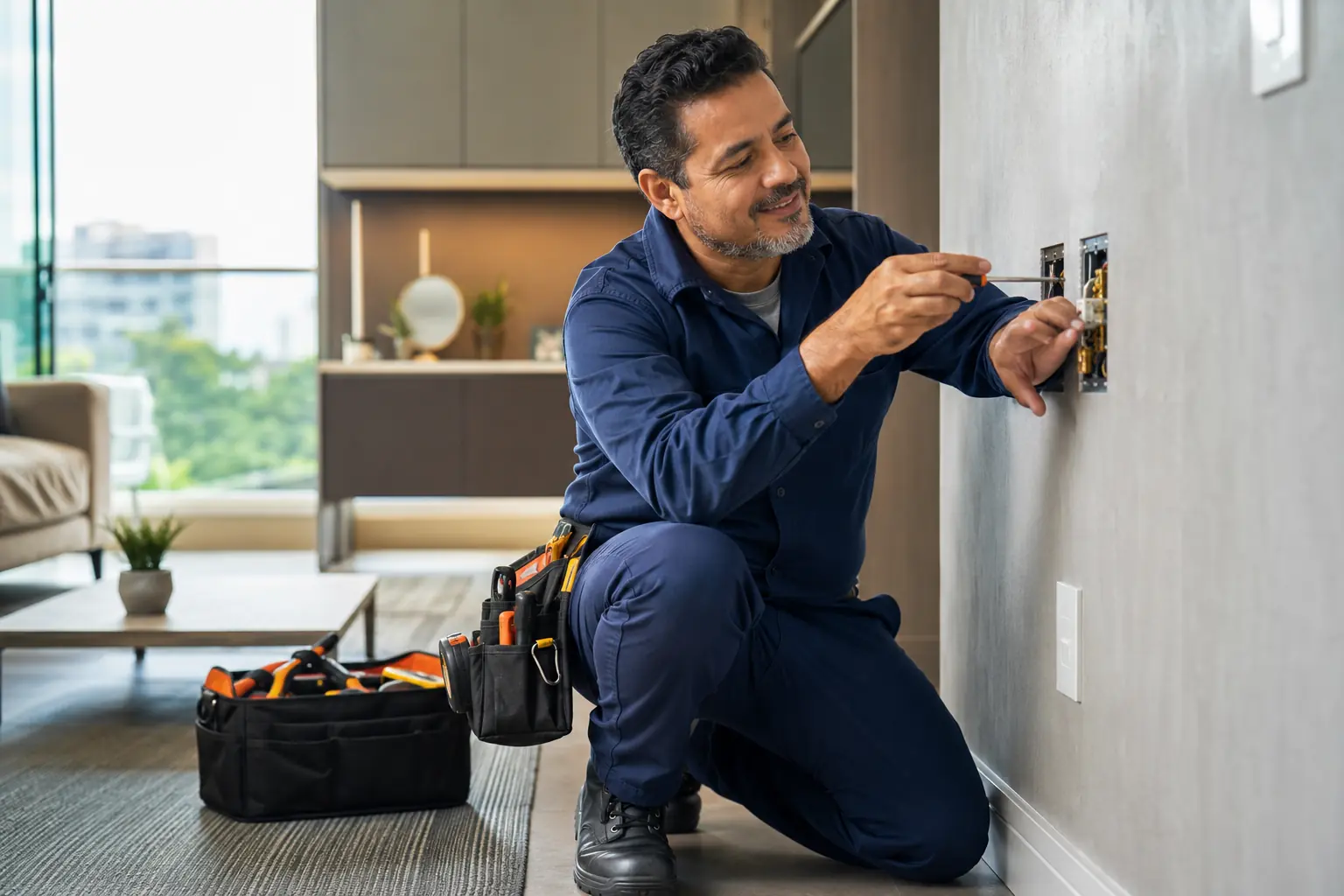 Profissional autônomo realizando manutenção em um apartamento